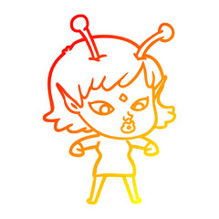 warm gradient line drawing pretty cartoon alien girl