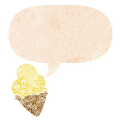 cartoon ice cream and speech bubble in retro textured style