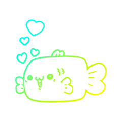 cold gradient line drawing cute cartoon fish with love hearts