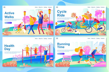 Health day concept. Happy Family walk in the park, resting and playing with the dog. Spending great time together outdoors. Web landing page design template