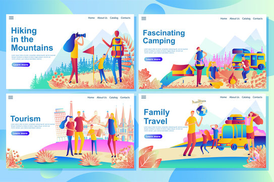 Web landing page design template for family travel tourism, camping. Cartoon mother, father and children together travelers visiting different countries. Hiking on nature.