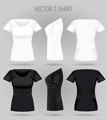 Blank women's white and black t-shirt in front, back and side views. Vector illustration. Realistic female sport shirts
