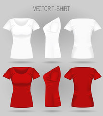 Blank women's white and red t-shirt in front, back and side views. Vector illustration. Realistic female sport shirts
