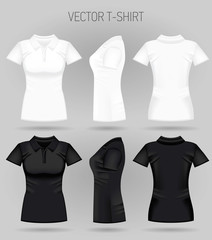 Blank women's white and black short sleeve polo shirt in front, back and side views. Vector illustration. Realistic female t-shirts