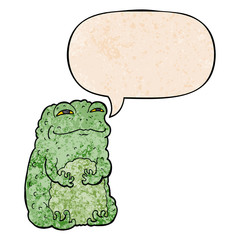 cartoon smug toad and speech bubble in retro texture style