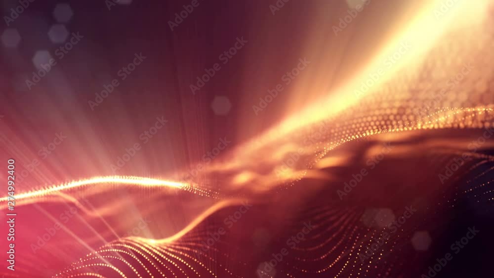 Poster complex golden composition with luminous particles that form wavy structures in the air. 4k 3d loope