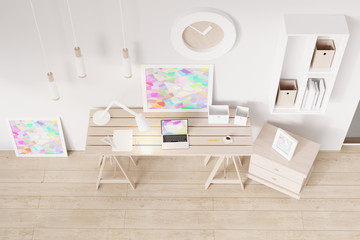 Creative workshop room: desk with art and design objects. Original 3d rendering model, original interior project