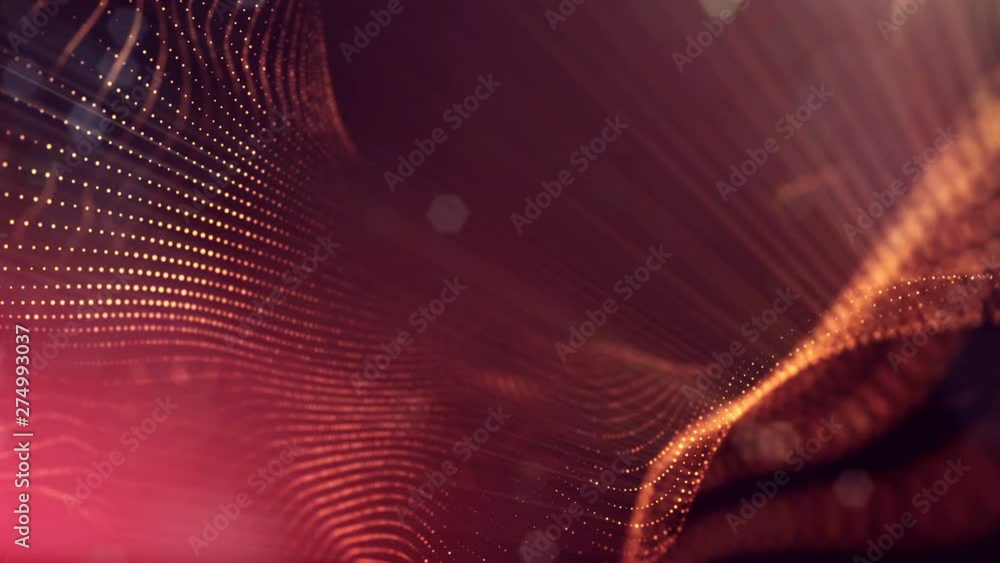 Poster complex golden composition with luminous particles that form wavy structures in the air. 4k 3d loope