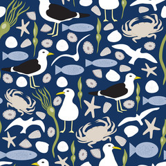 Seamless repeat vector pattern featuring shore and ocean animals