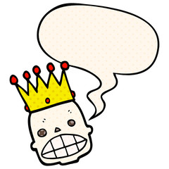 cartoon spooky skull face and crown and speech bubble in comic book style