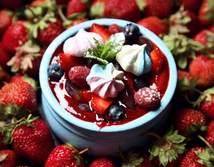 Strawberry desert for breakfast fresh ripe oatmeal blueberries and raspberries homemade yogurt pana cotta in blue jar