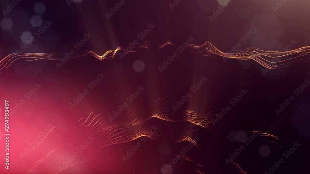 Poster complex golden composition with luminous particles that form wavy structures in the air. 4k 3d loope