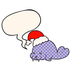 cartoon christmas walrus and speech bubble in comic book style
