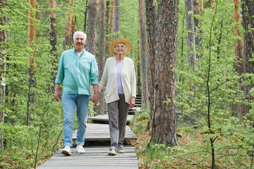 Happy aged retired man and woman holding by hands