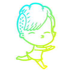 cold gradient line drawing cartoon squinting girl running