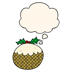 cartoon christmas pudding and thought bubble in comic book style