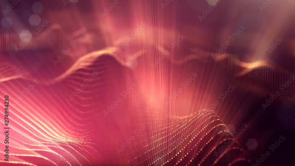 Poster complex golden composition with luminous particles that form wavy structures in the air. 4k 3d loope