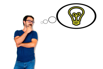 idea with thought bubble. casual dressed man, idea, thought, blue t-shirt, blue jean, isolated background, idea with thought bubble