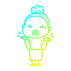 cold gradient line drawing cartoon angry old woman