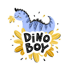 Purple dinosaur boy on the background of leaves. Vector illustration in cartoon style.