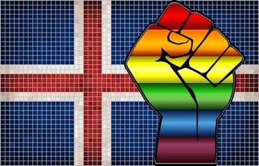 Fototapeta premium Shiny LGBT Protest Fist on a Iceland Flag - Illustration, Abstract Mosaic Iceland and Gay flags