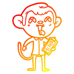 warm gradient line drawing crazy cartoon monkey with clipboard