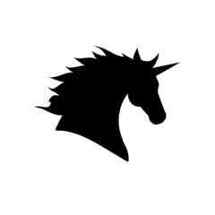 Vector flat black silhouette of unicorn head isolated on white background