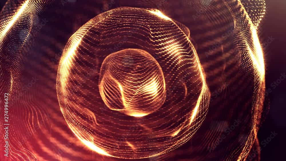 Poster complex golden composition with luminous particles that form wavy structures in the air. 4k 3d loope