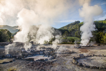 Volcanic eruption of hot steam in Furnas, Sao Miguel island, Azores archipelago