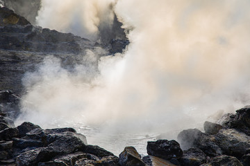 Volcanic eruption of hot steam in Furnas, Sao Miguel island, Azores archipelago