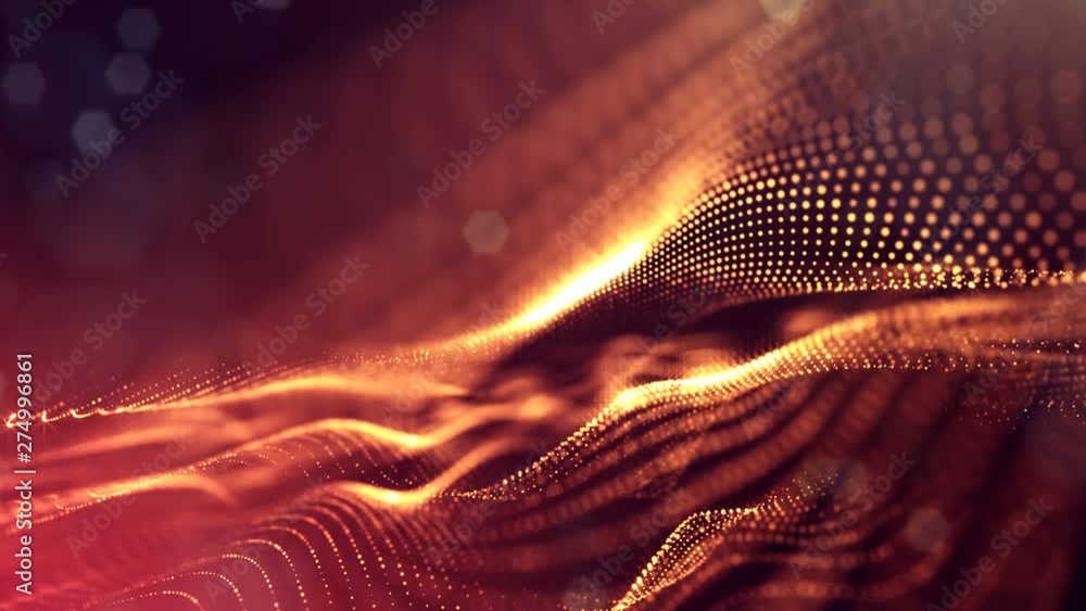 Poster complex golden composition with luminous particles that form wavy structures in the air. 4k 3d loope