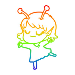 rainbow gradient line drawing smiling alien girl cartoon dancing
