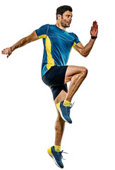 Fototapeta na wymiar one caucasian handsome mature man running runner jogging jogger isolated on white background