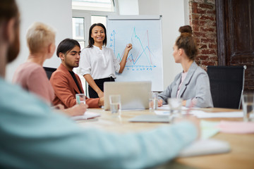 Portrait of mixed race businesswoman standing by whiteboard and giving presentation to colleagues during meeting in conference room, copy space