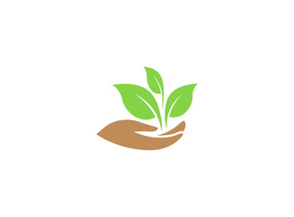 Fototapeta na wymiar leaves in hand for plant care and seeding logo vector design