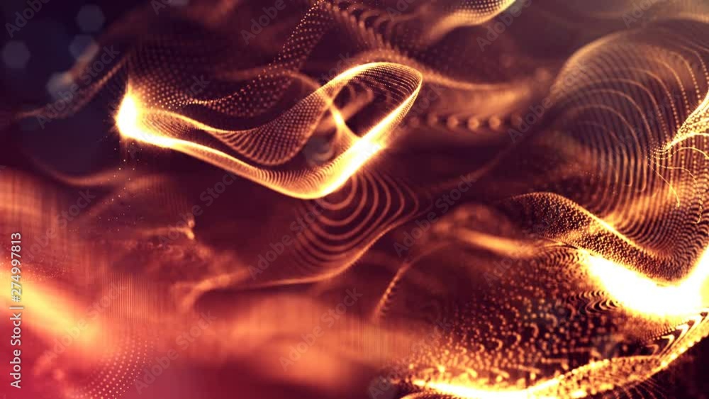 Poster complex golden composition with luminous particles that form wavy structures in the air. 4k 3d loope