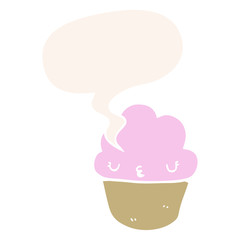 cartoon cupcake and face and speech bubble in retro style