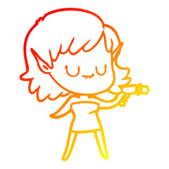 warm gradient line drawing happy cartoon elf girl