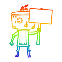 rainbow gradient line drawing cartoon robot with blank sign