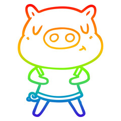 rainbow gradient line drawing cartoon content pig wearing t shirt