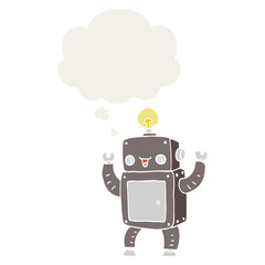 cartoon happy robot and thought bubble in retro style