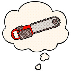 cartoon chainsaw and thought bubble in comic book style
