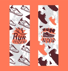 Run more, now set of banners vector illustration. Creative sport running motivational quote. Sport shoes, sneakers for training, fitness. Running shoes, trainers. Healthy lifestyle.