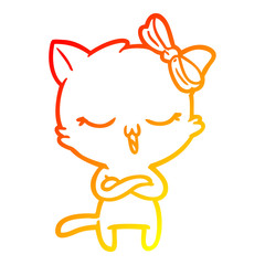 warm gradient line drawing cartoon cat with bow on head