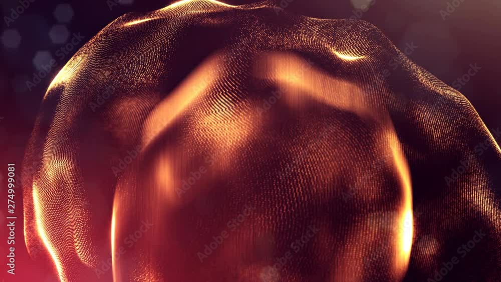 Poster complex golden composition with luminous particles that form wavy structures in the air. 4k 3d loope