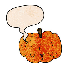 cartoon pumpkin and speech bubble in retro texture style