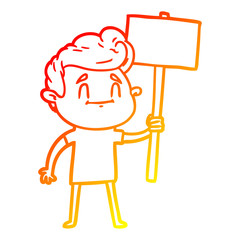 warm gradient line drawing happy cartoon man with sign