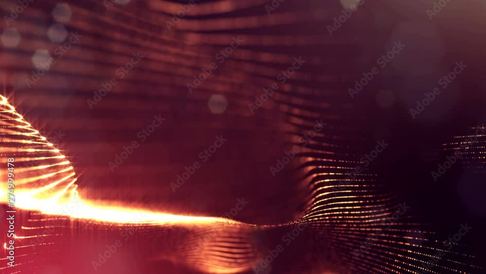 Poster complex golden composition with luminous particles that form wavy structures in the air. 4k 3d loope