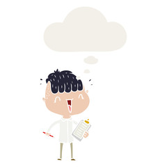 cartoon happy boy surprised and thought bubble in retro style