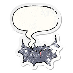 cartoon happy vampire bat and speech bubble distressed sticker